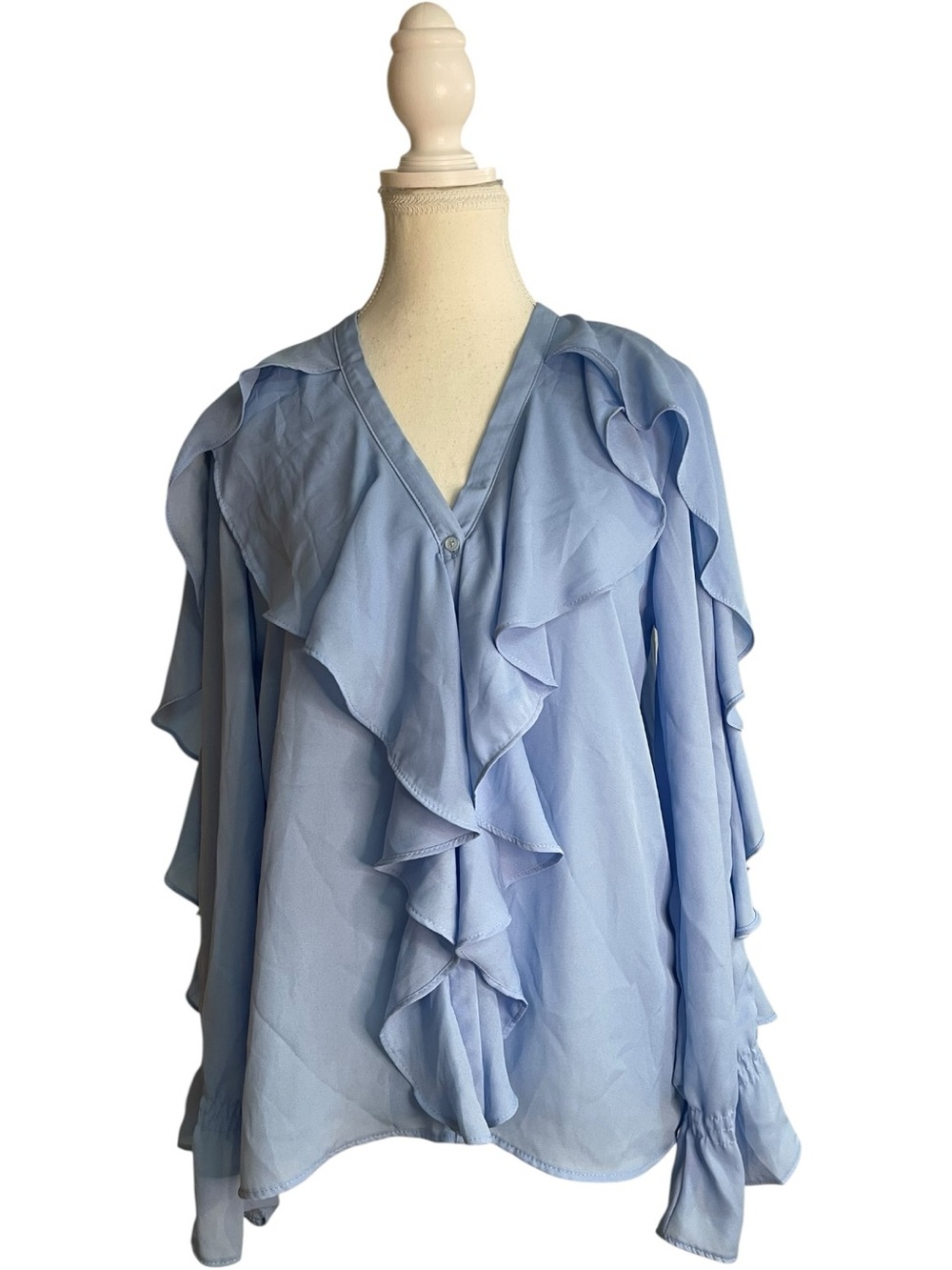Zara Ruffle Button Down V-Neck Blouse Sky Blue